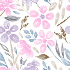 Watercolor Flowers and Leaves Seamless Pattern