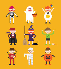 holloween cute children characters vector flat design illustration set