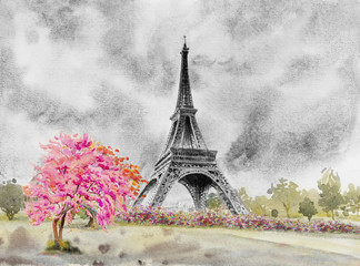 Paris European city. France, eiffel tower watercolor painting. - obrazy, fototapety, plakaty