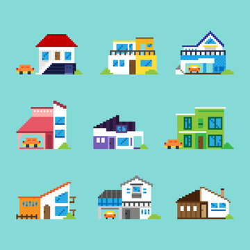 various kind of house pixel vector flat design illustration set