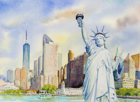 Statue Liberty  in Manhattan urban. Watercolor painting