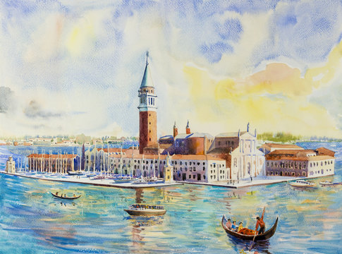  Venice Italy with historic gondola view. Watercolor painting.