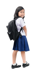 Asian girl student with school bag isolated