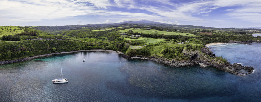 Honolua Bay, Maui, Hawaiian Islands, This is a 4 image aerial panoramic of a favorite snorkeling destination on the island of Maui called Honolua Bay.