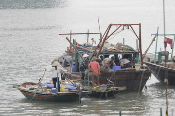 Fototapeta na wymiar Ha Long Bay , Vietnam-29 November 2014:Fishing boat in Ha long Bay, Panoramic view of sunset in Halong Bay, Vietnam, Southeast Asia,UNESCO World Heritage Site