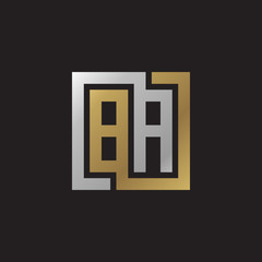 Initial letter BA, looping line, square shape logo, silver gold color on black background