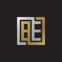 Initial letter BE, looping line, square shape logo, silver gold color on black background