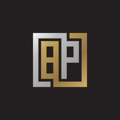 Initial letter BP, looping line, square shape logo, silver gold color on black background