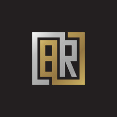 Initial letter BR, looping line, square shape logo, silver gold color on black background