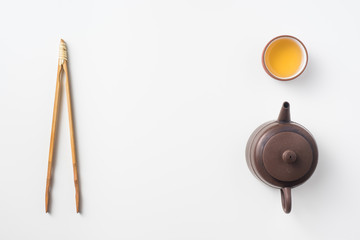 Asia culture and design concept - fresh taiwan oolong tea and teapot