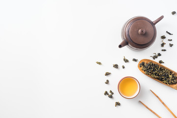 Asia culture and design concept - fresh taiwan oolong tea and teapot