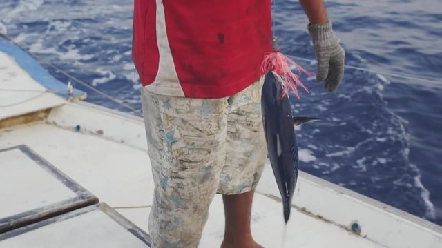 Freshly Caught Dogtooth Tuna Held Up By A Maldivian Fisherman On The Deck Of A Local Fishing Boat. Slow Motion Shot.