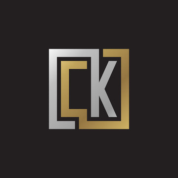 Initial letter CK, looping line, square shape logo, silver gold color on black background