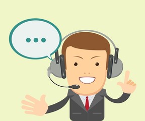 Smiling male operator with headset speaking. Customer service concept. Stock flat vector illustration.