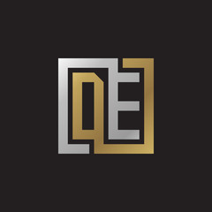 Initial letter DE, looping line, square shape logo, silver gold color on black background