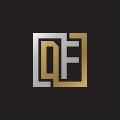 Initial letter DF, looping line, square shape logo, silver gold color on black background