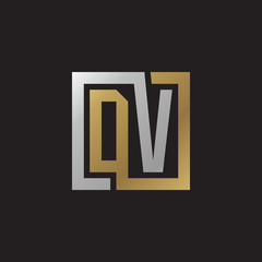 Initial letter DV, looping line, square shape logo, silver gold color on black background