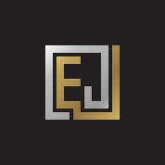 Initial letter EJ, looping line, square shape logo, silver gold color on black background