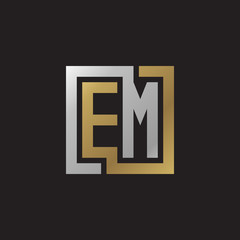 Initial letter EM, looping line, square shape logo, silver gold color on black background