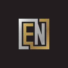 Initial letter EN, looping line, square shape logo, silver gold color on black background