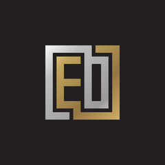 Initial letter EO, ED, looping line, square shape logo, silver gold color on black background