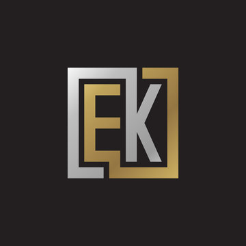 Initial letter EK, looping line, square shape logo, silver gold color on black background
