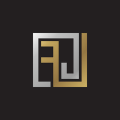 Initial letter FJ, looping line, square shape logo, silver gold color on black background
