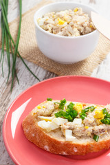 Mackerel or tuna fish paste sandwiches with egg and chives