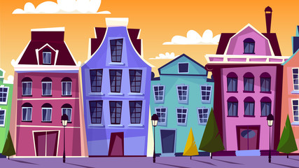 Amsterdam cityscape vector illustration. Cartoon Amsterdam streets and traditional old houses for Dutch or Netherlands famous architecture landmarks