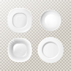 Vector blank white ceramic plates mockup set. Realistic porcelain round dishes for dining and table serving on transparent background. 3d kitchen, restaurant or cafe utensil collection