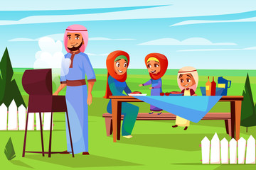 Arabian family at barbecue picnic vector illustration. Cartoon design of Saudi Muslim father man frying BBQ grill and mother in khaliji with children boy and girl together sitting at picnic table