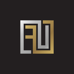 Initial letter FU, looping line, square shape logo, silver gold color on black background
