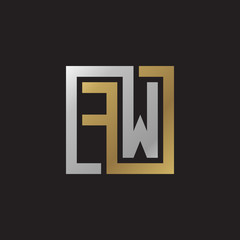 Initial letter FW, looping line, square shape logo, silver gold color on black background