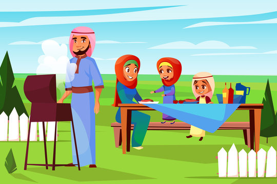 Arabian Family At Barbecue Picnic Vector Illustration. Cartoon Design Of Saudi Muslim Father Man Frying BBQ Grill And Mother In Khaliji With Children Boy And Girl Together Sitting At Picnic Table