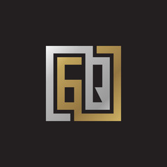 Initial letter GQ, looping line, square shape logo, silver gold color on black background