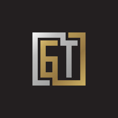 Initial letter GT, looping line, square shape logo, silver gold color on black background