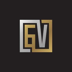 Initial letter GV, looping line, square shape logo, silver gold color on black background