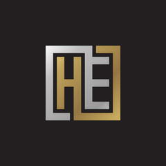Initial letter HE, looping line, square shape logo, silver gold color on black background