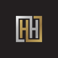 Initial letter HH, looping line, square shape logo, silver gold color on black background