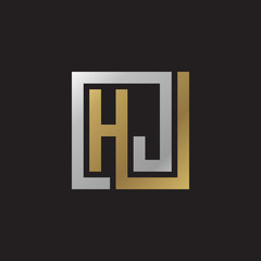 Initial letter HJ, looping line, square shape logo, silver gold color on black background