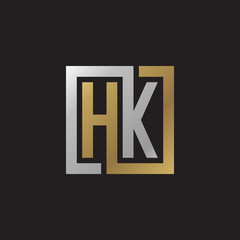 Initial letter HK, looping line, square shape logo, silver gold color on black background