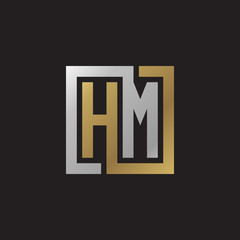 Initial letter HM, looping line, square shape logo, silver gold color on black background