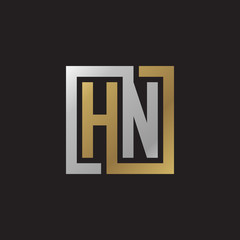 Initial letter HN, looping line, square shape logo, silver gold color on black background