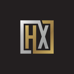 Initial letter HX, looping line, square shape logo, silver gold color on black background