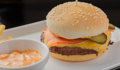 Burger on a plate with fried potatoes and sauce