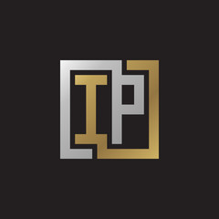Initial letter IP, looping line, square shape logo, silver gold color on black background