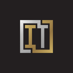 Initial letter IT, looping line, square shape logo, silver gold color on black background
