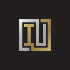 Initial letter IU, looping line, square shape logo, silver gold color on black background