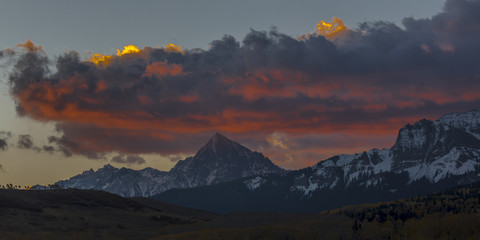 Sunrise view of  Mount Sneffels and San Juan Mountains outside Ridgway, Colorado on Hastings Mesa