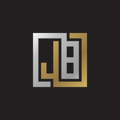 Initial letter JB, looping line, square shape logo, silver gold color on black background